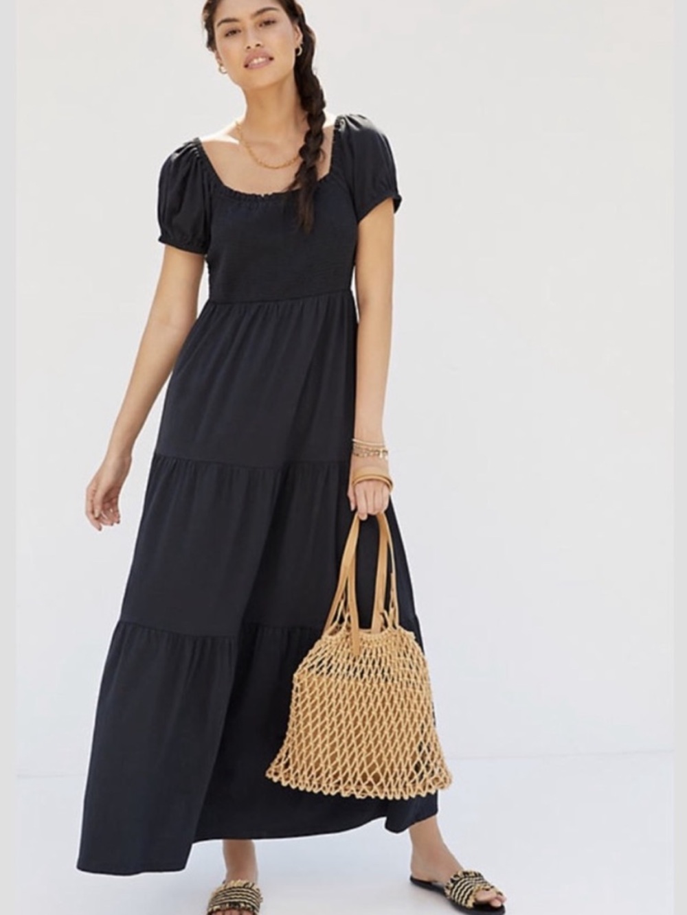 Anthropologie Daily Practice Tiered Black Maxi Dress Womens Size XS